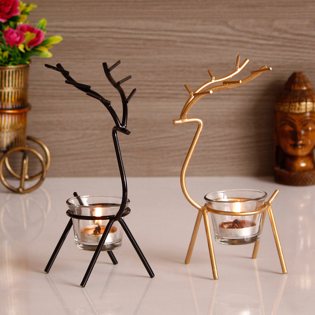 Exquisite Set of 2 Deer-Shaped Artisan Metal Candle Holders