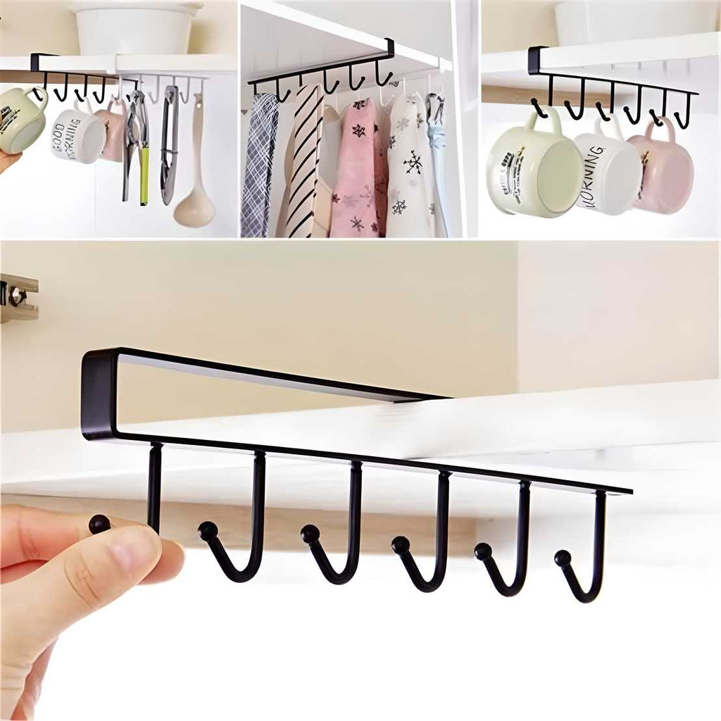 Under Cabinet Hanging Hook Rack for Mugs, Cups & Accessories (No Drilling)