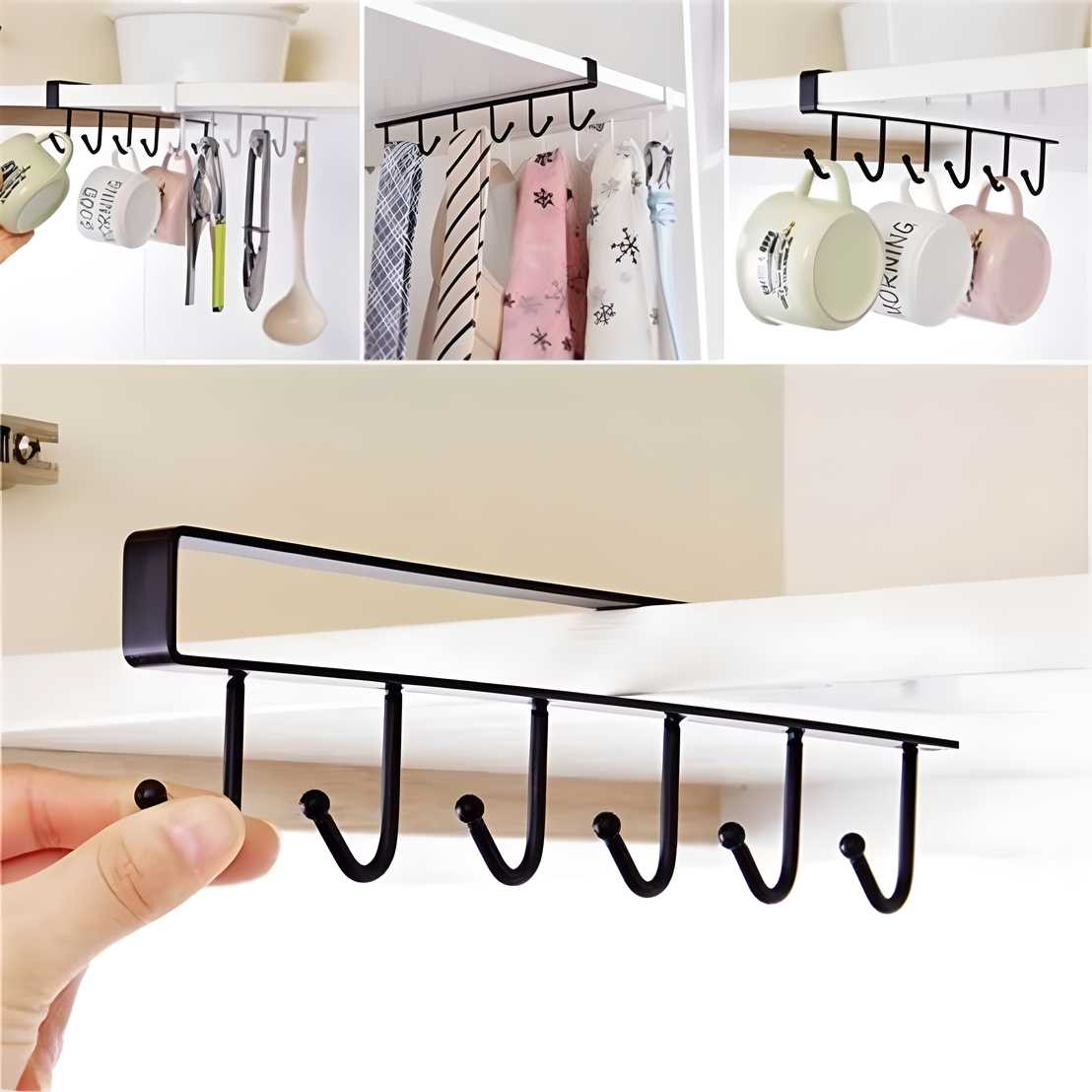 Under Cabinet Hanging Hook Rack for Mugs, Cups & Accessories (No Drilling)