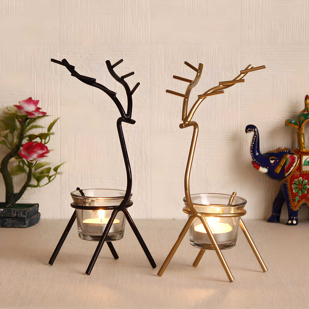 Exquisite Set of 2 Deer-Shaped Artisan Metal Candle Holders